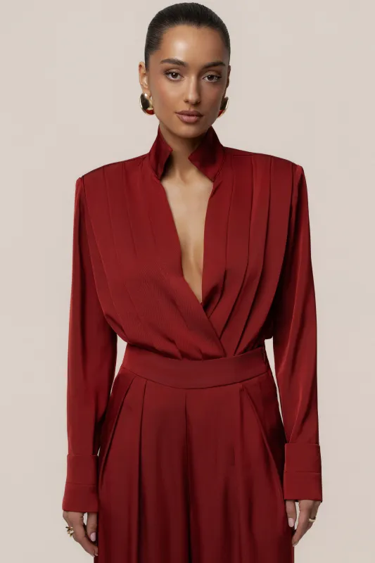 Burgundy Visionary Pleated Bodysuit made by JLUXLABEL