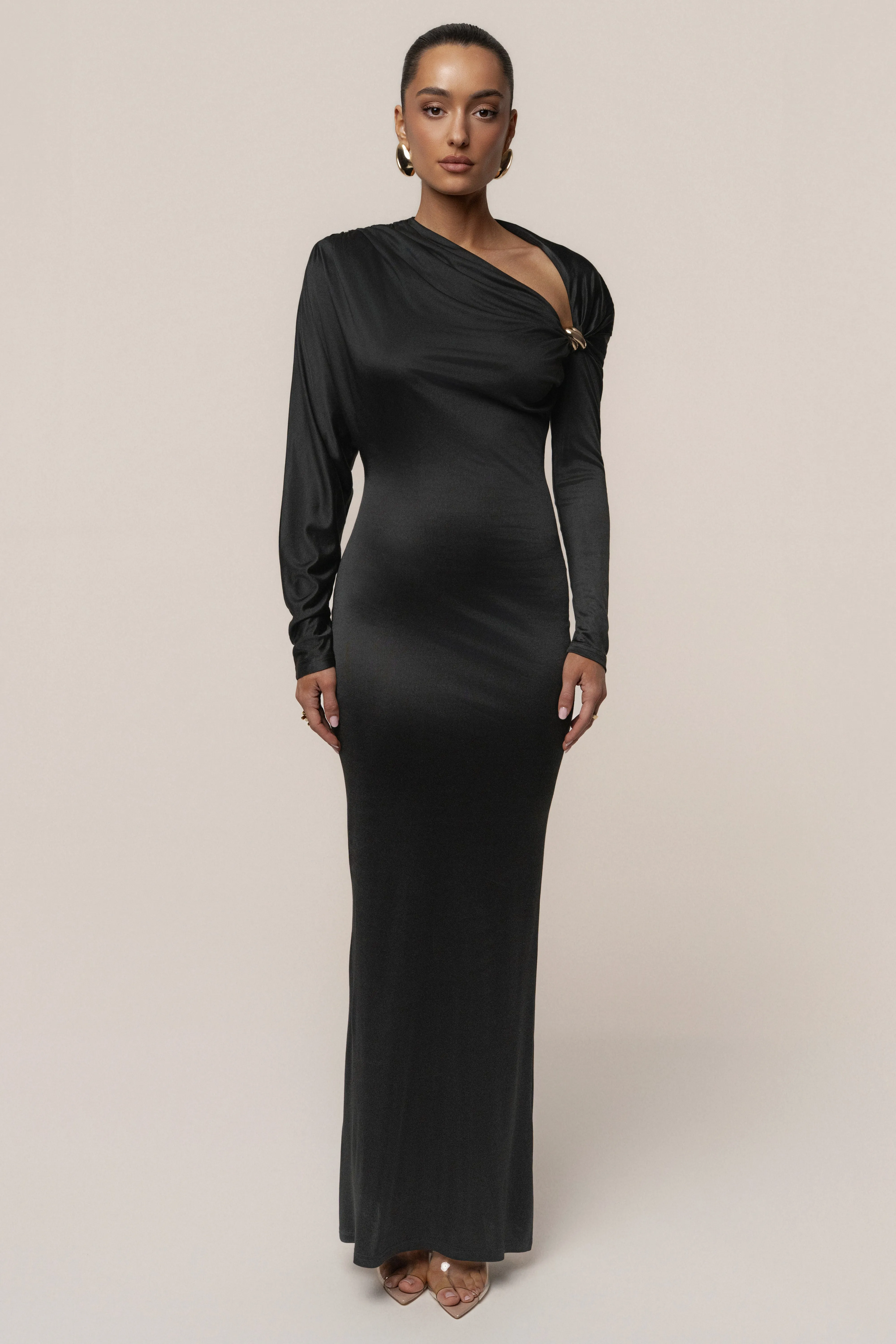 Black Glisten Slit Maxi Dress sold by JLUXLABEL