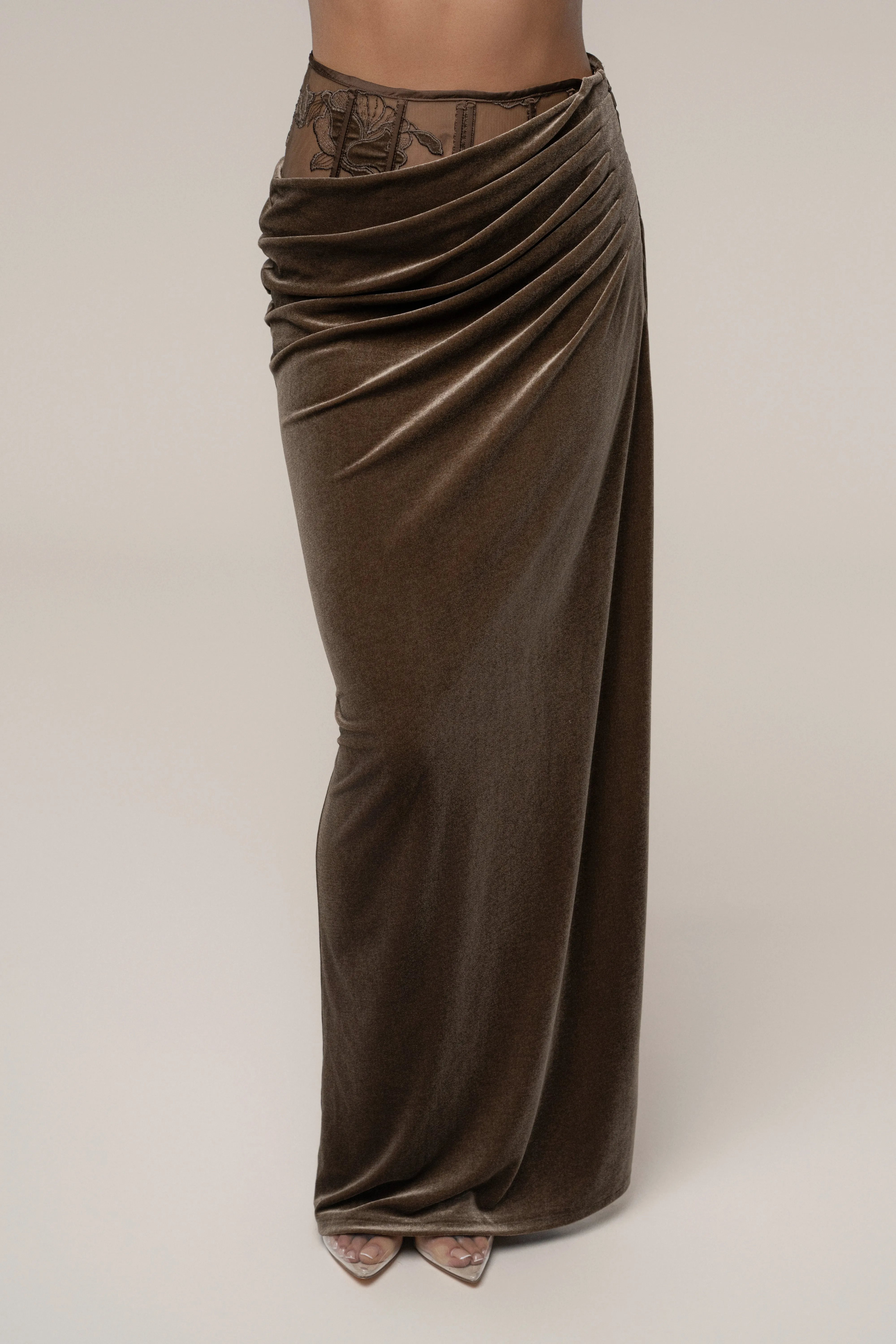 Dark Taupe Velvet And Lace Maxi Skirt sold by JLUXLABEL