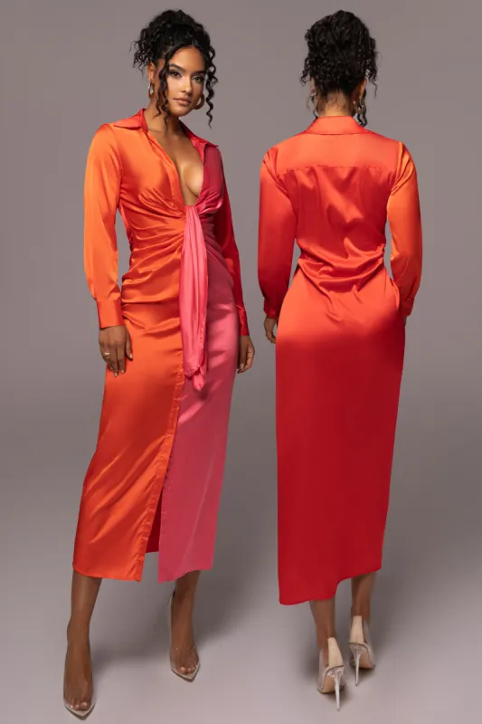 Pink Color Block Satin Midi Dress sold by JLUXLABEL