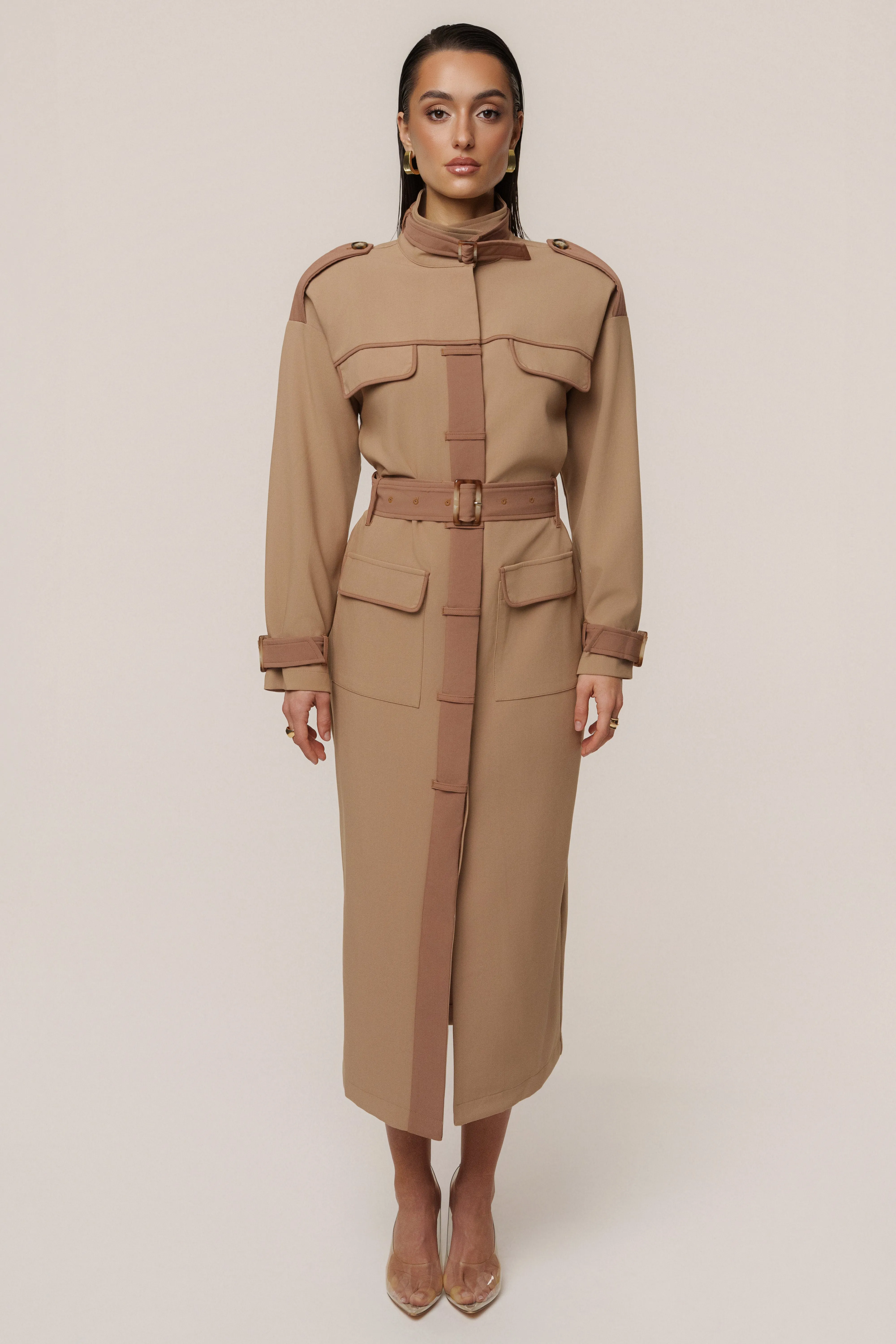 Beige Icon Belted Midi Dress sold by JLUXLABEL