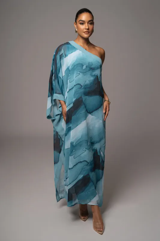 Blue Abstract Mariel One Shoulder Maxi Dress sold by JLUXLABEL
