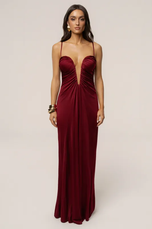 Burgundy Auric Deep Plunge Maxi Dress made by JLUXLABEL