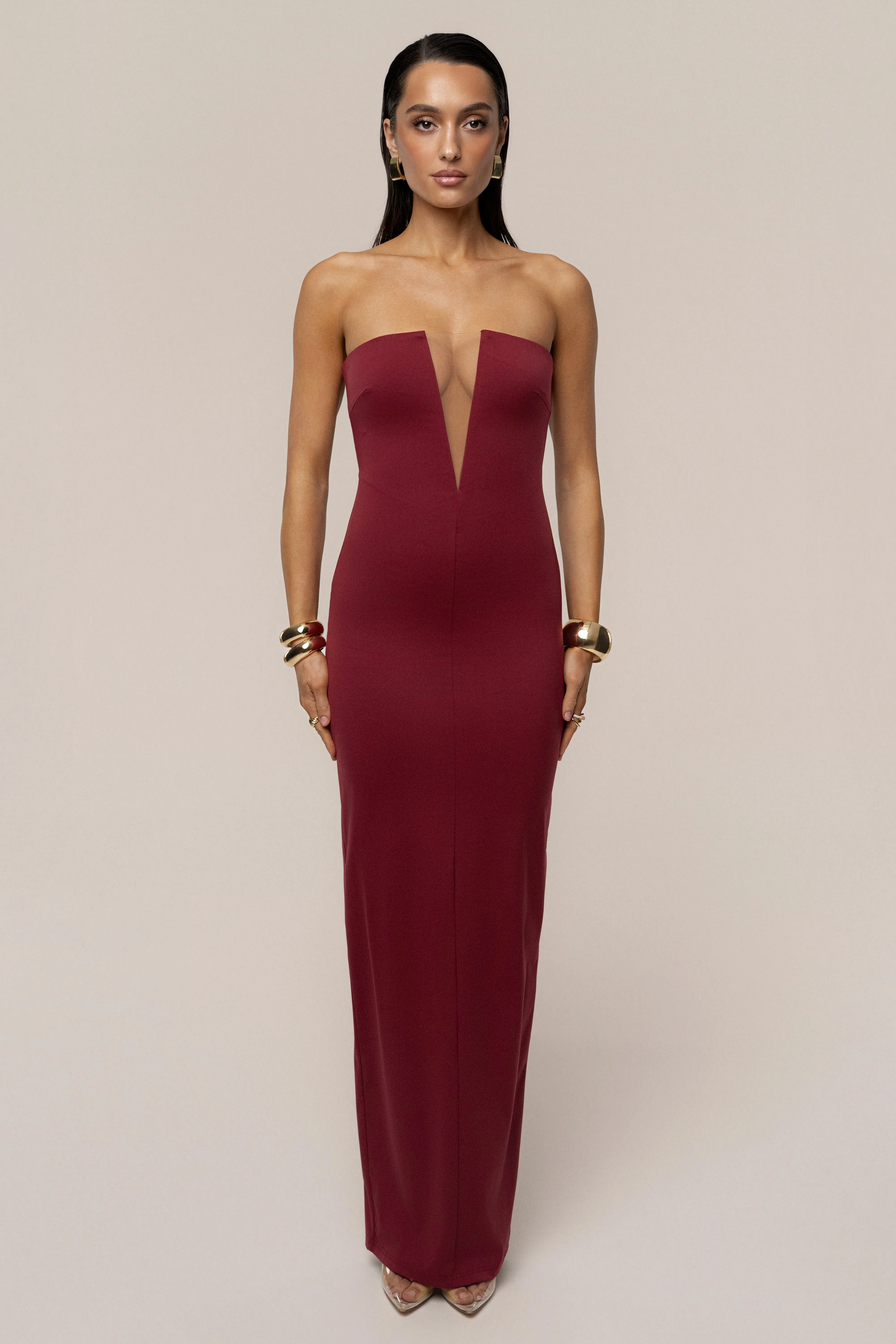 Burgundy Midnight Illusion Maxi Gown sold by JLUXLABEL