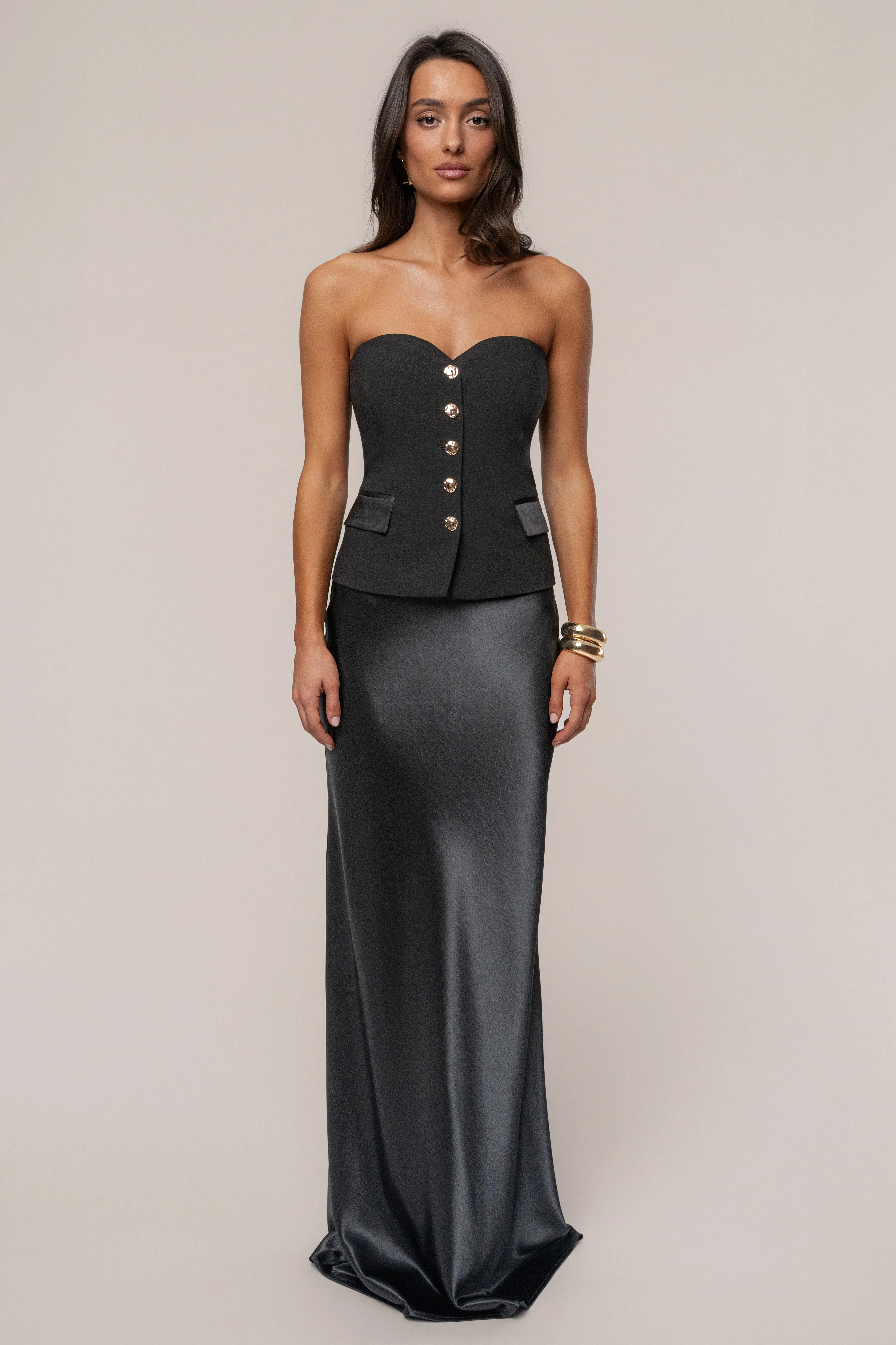 Black Tradition Satin Maxi Skirt sold by JLUXLABEL