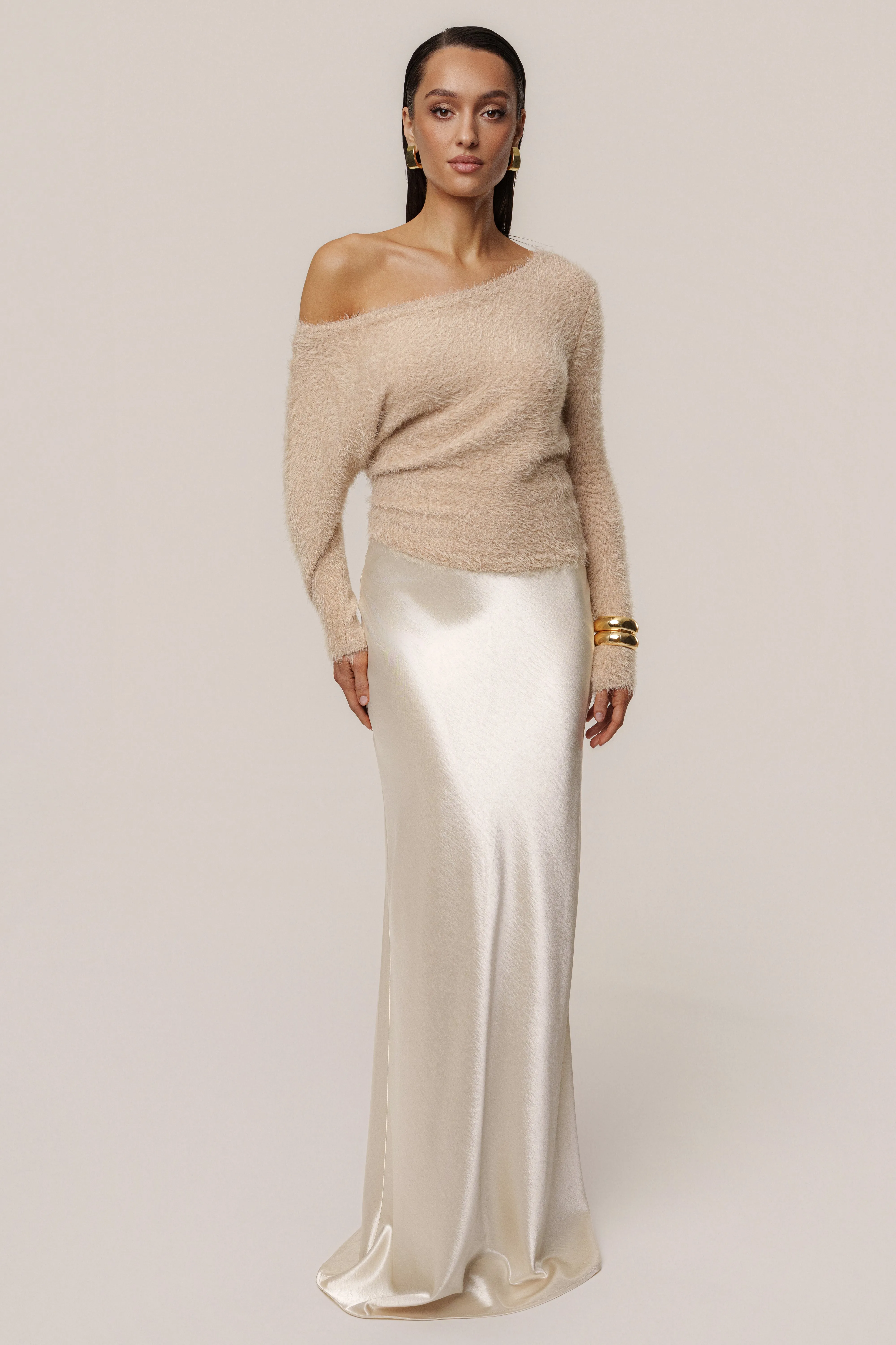 Champagne Tradition Satin Maxi Skirt sold by JLUXLABEL