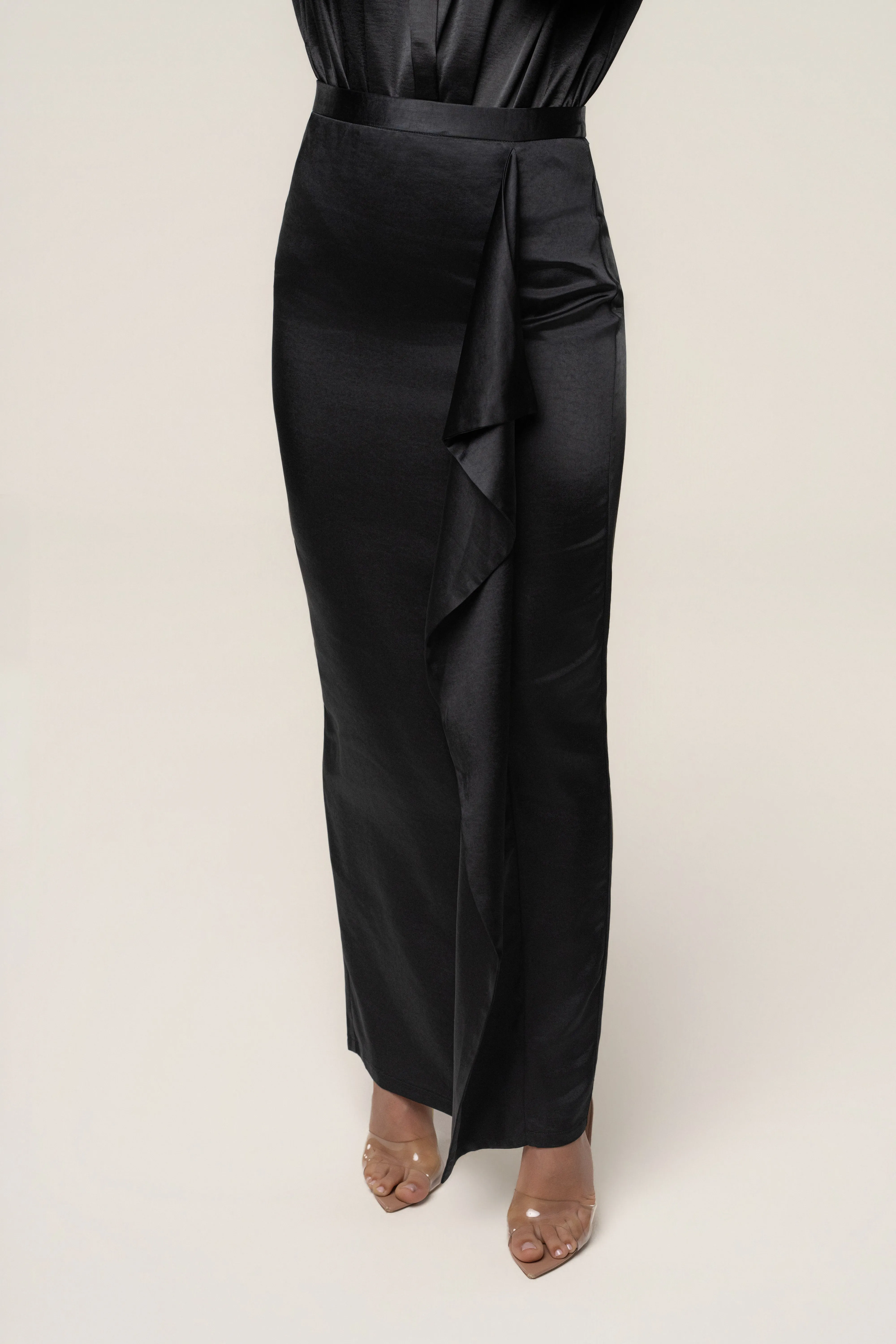 Black Midnight Mirage Satin Skirt sold by JLUXLABEL