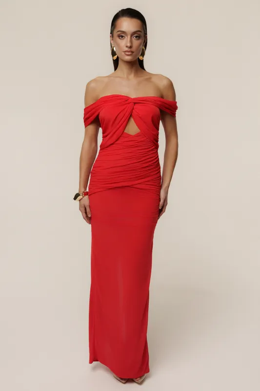Red Alessandra Off Shoulder Maxi Dress made by JLUXLABEL