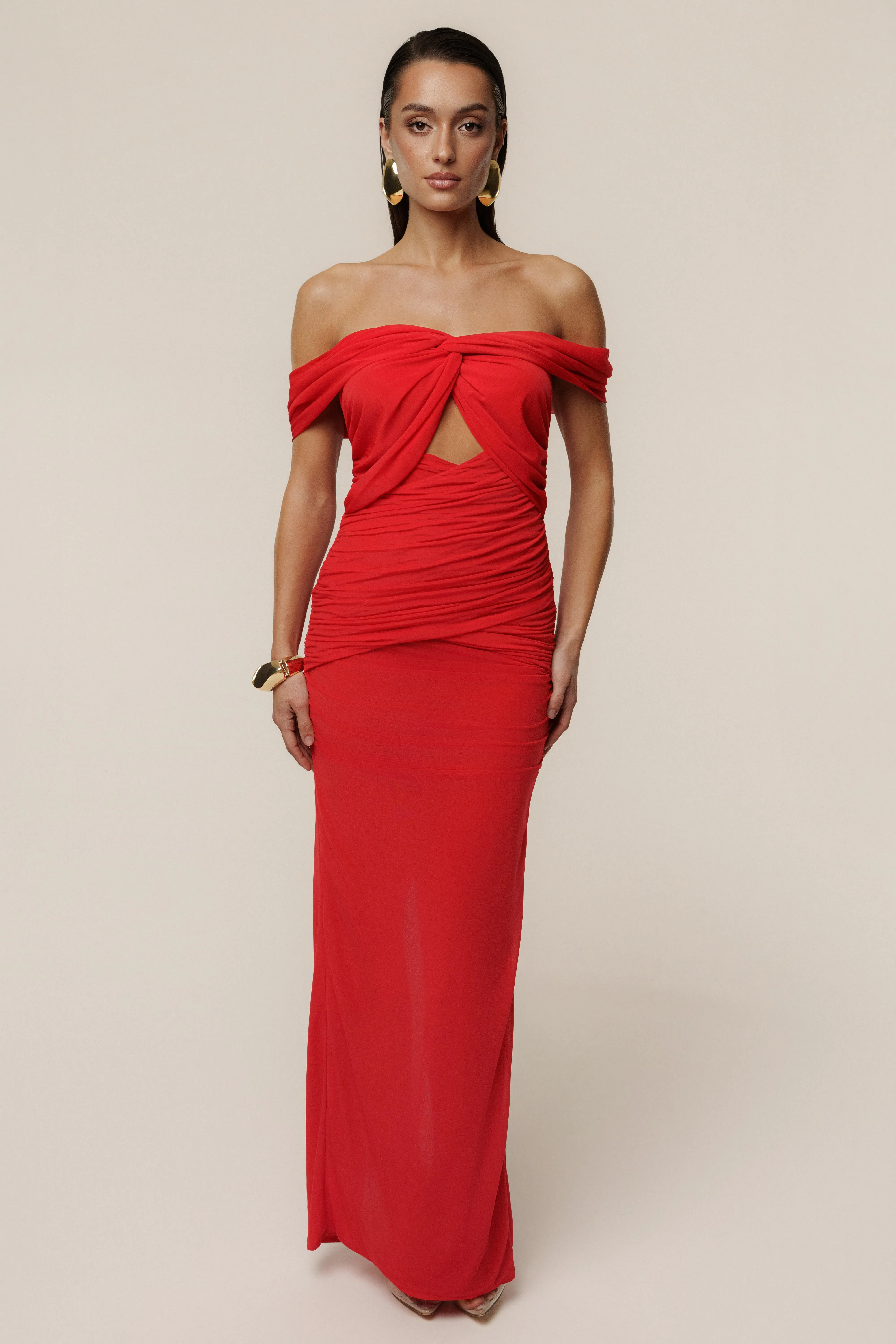 Red Alessandra Off Shoulder Maxi Dress sold by JLUXLABEL
