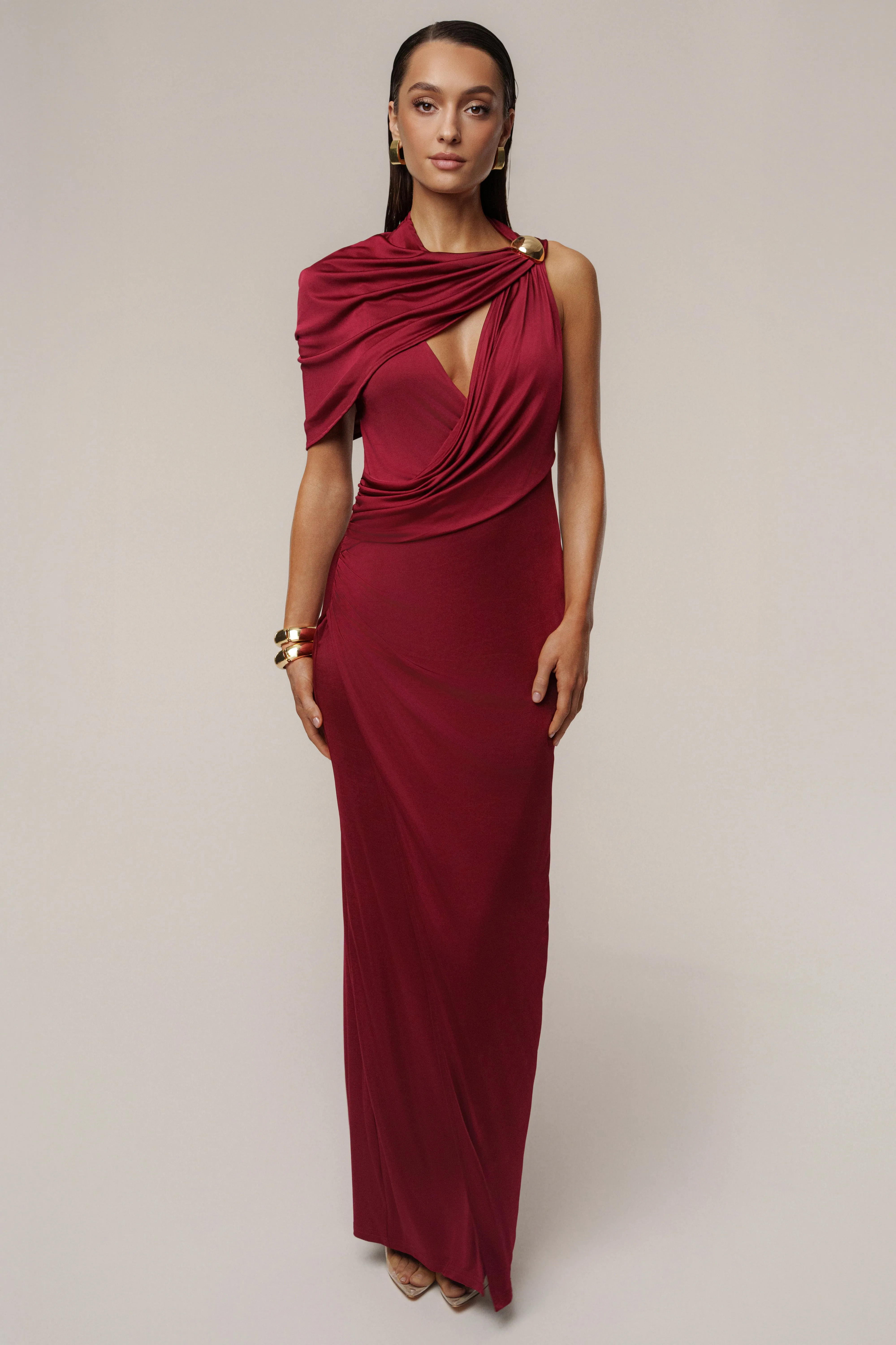 Burgundy Enchanted Drape Maxi Dress sold by JLUXLABEL