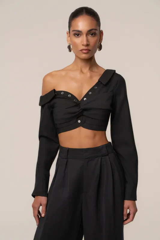 Black Off-Shoulder Twist Crop Top made by JLUXLABEL