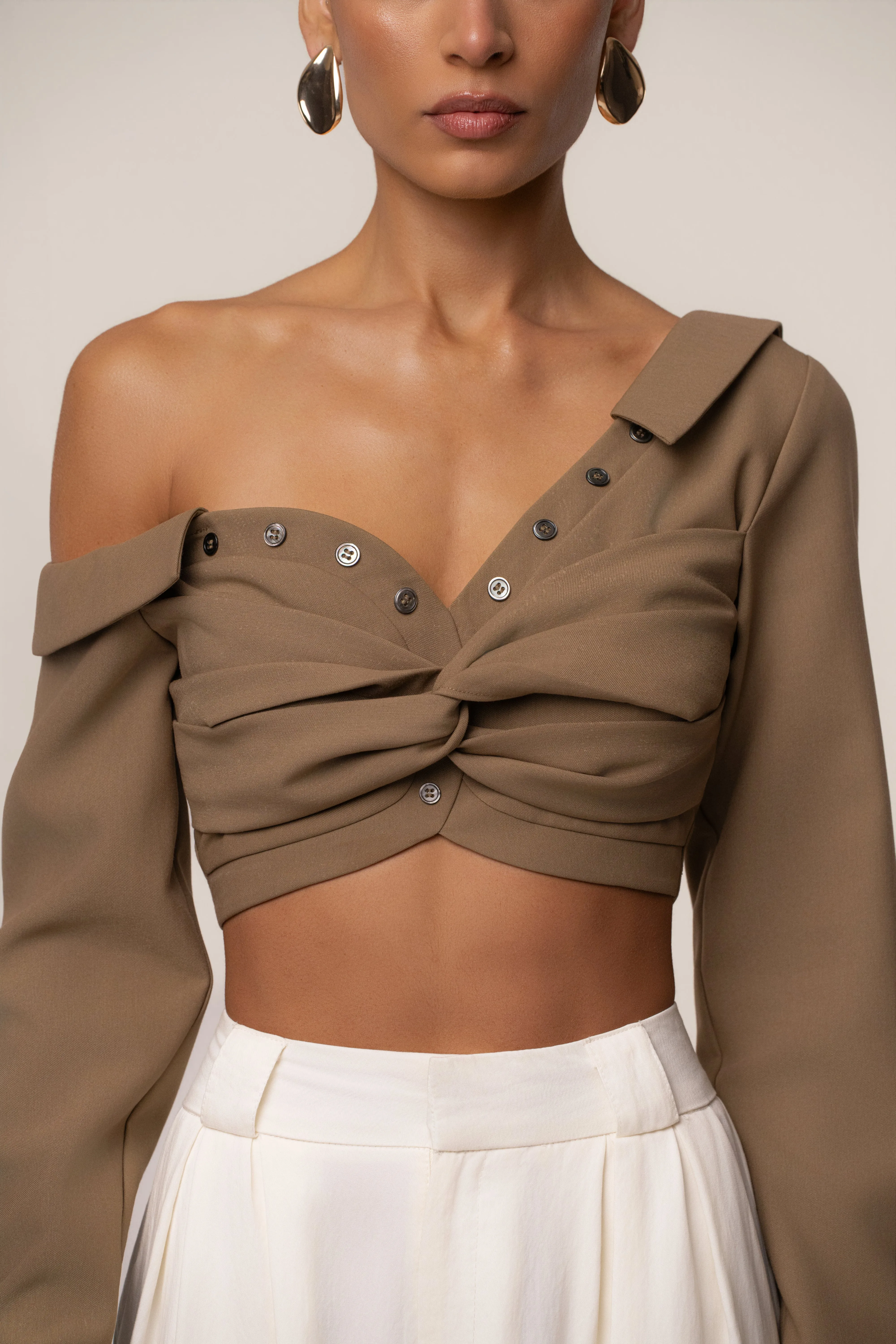 Olive Off-Shoulder Twist Crop Top sold by JLUXLABEL product image thumbnail 5