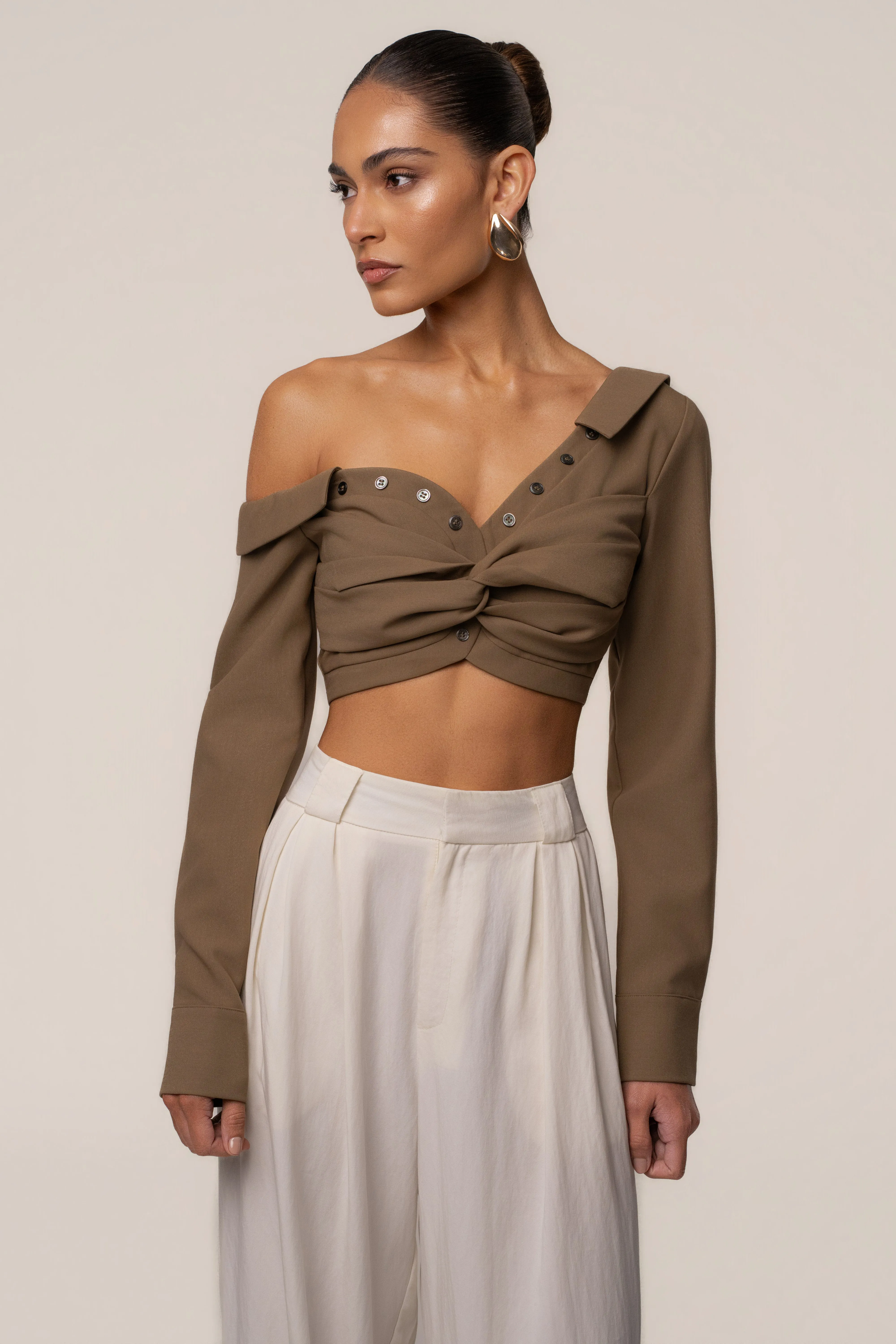 Olive Off-Shoulder Twist Crop Top sold by JLUXLABEL