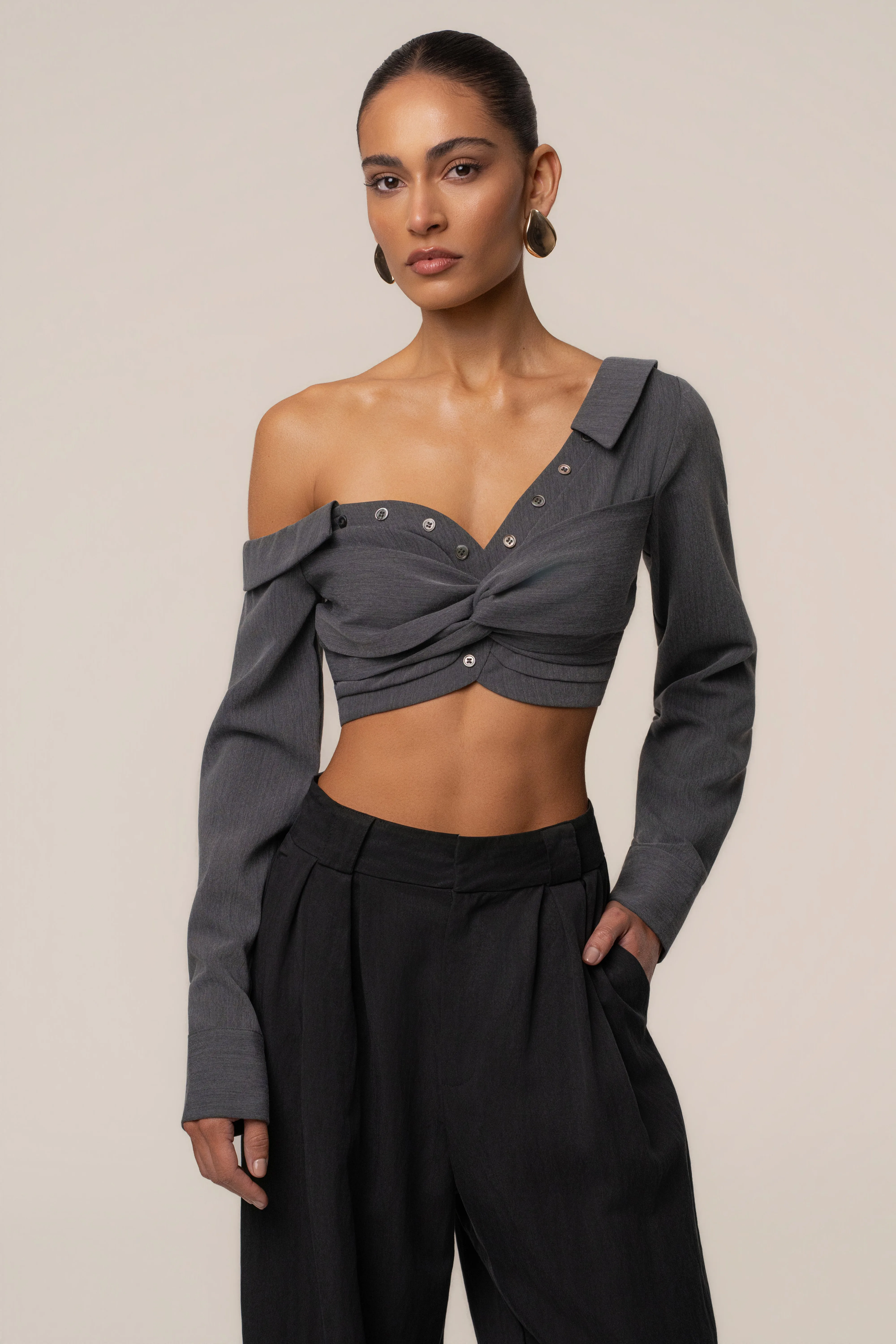 Grey Off-Shoulder Twist Crop Top sold by JLUXLABEL