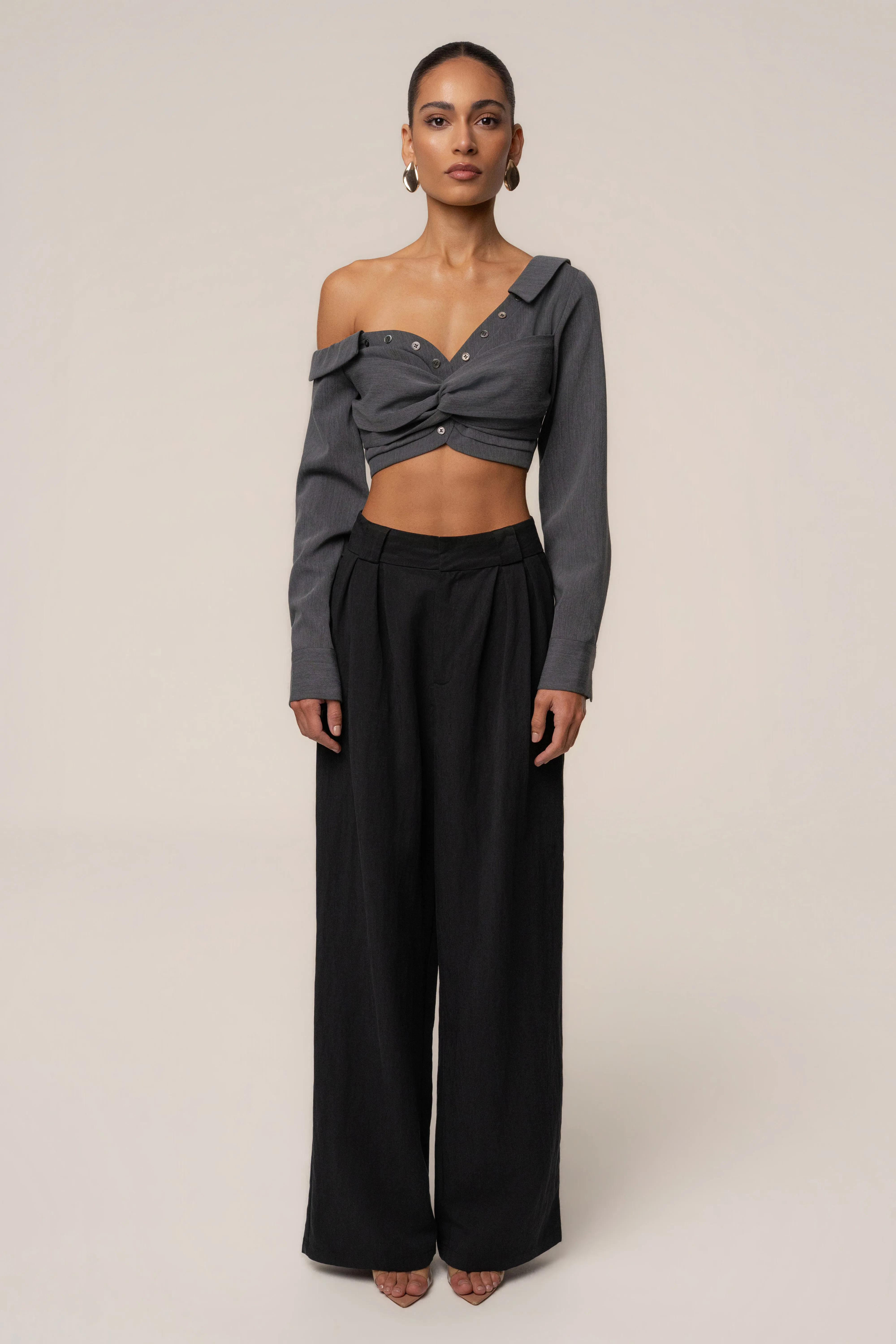 Grey Off-Shoulder Twist Crop Top sold by JLUXLABEL product image thumbnail 3