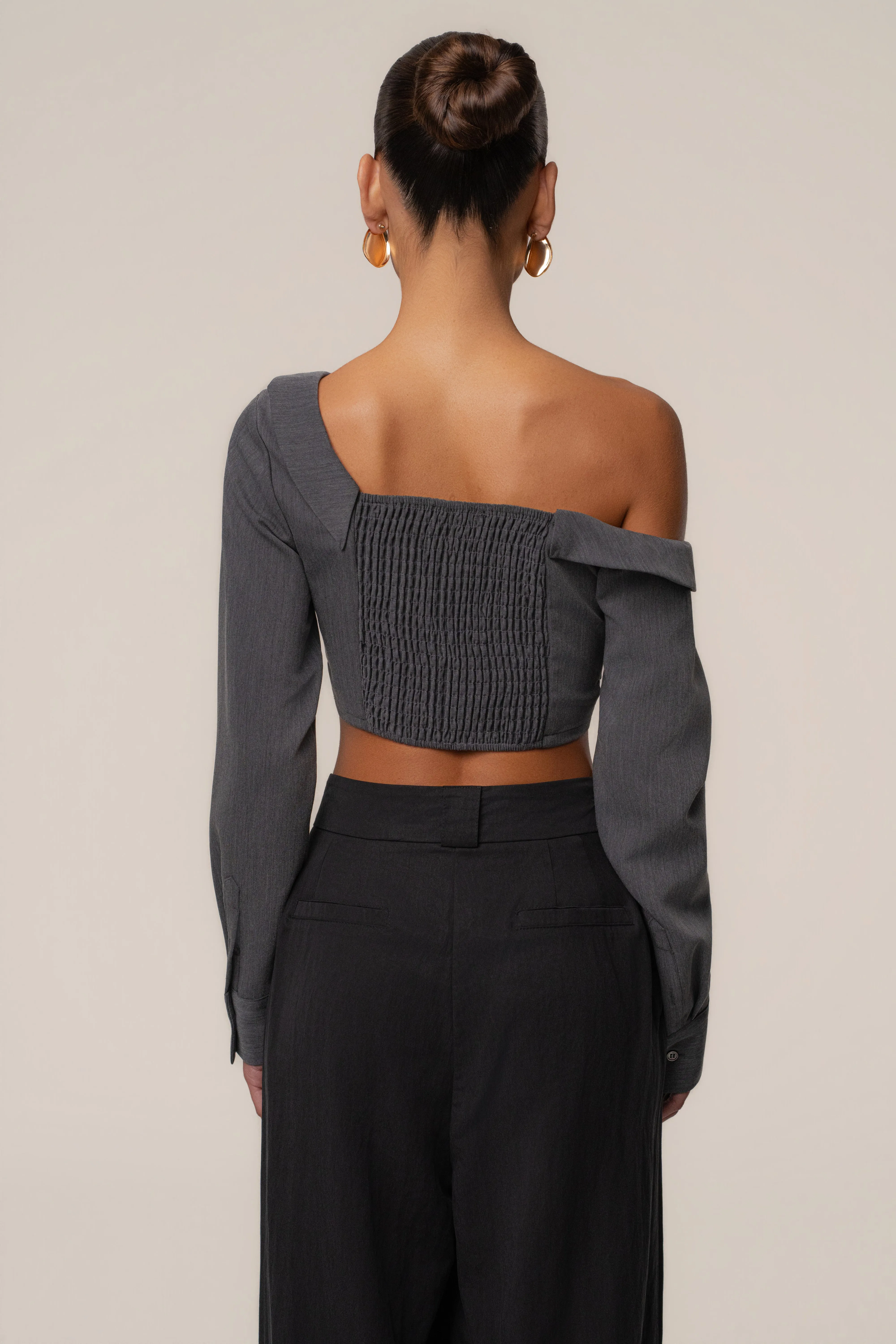 Grey Off-Shoulder Twist Crop Top sold by JLUXLABEL product image thumbnail 4