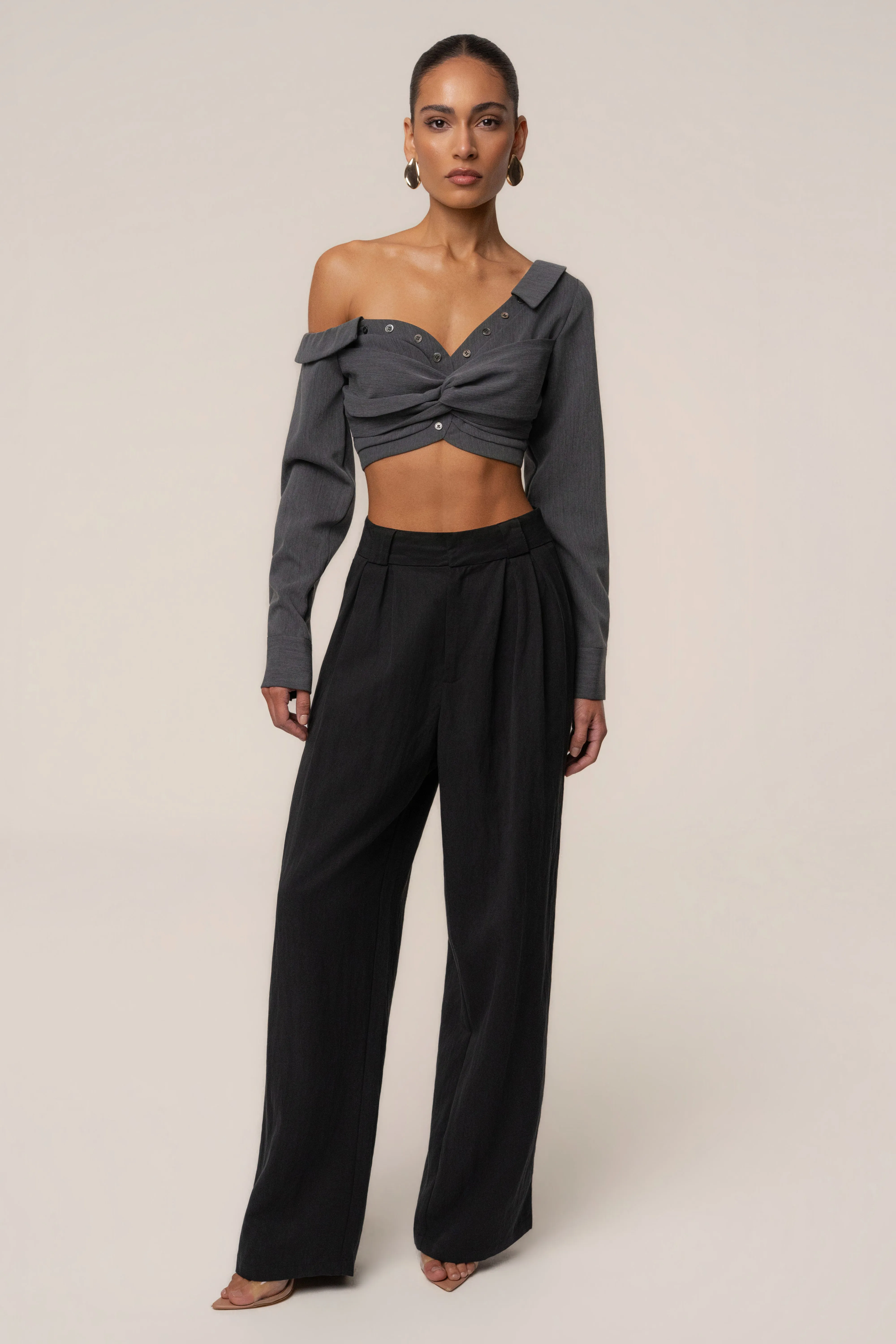 Grey Off-Shoulder Twist Crop Top sold by JLUXLABEL product image thumbnail 5