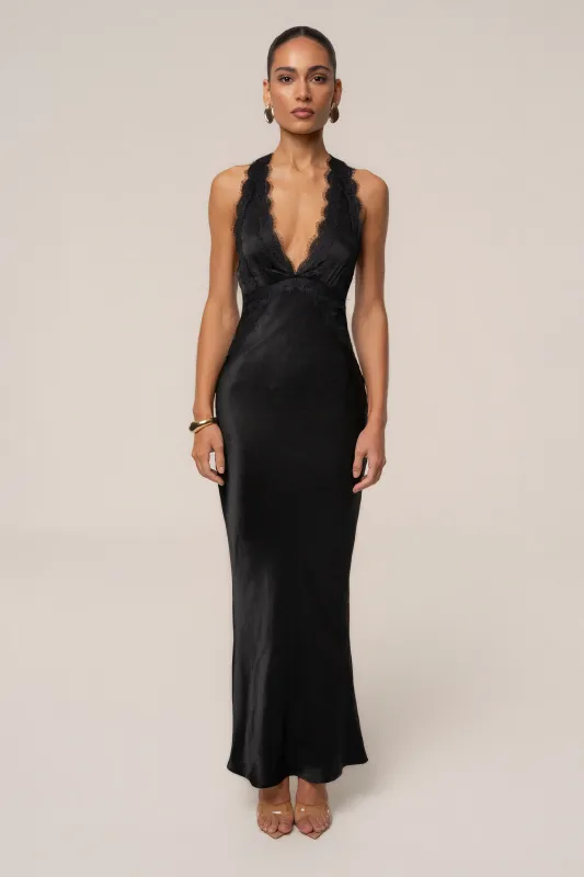 Black Satin Evenings Maxi Dress made by JLUXLABEL