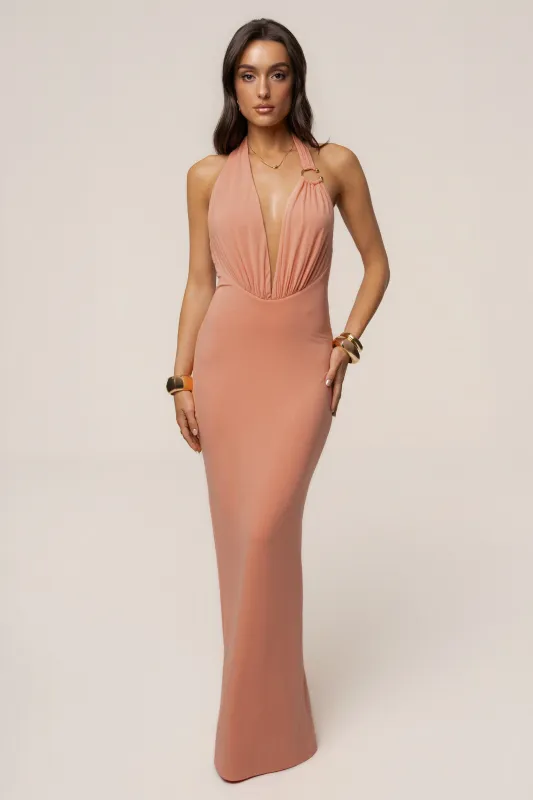 Peach Showstopper Plunge Maxi Dress made by JLUXLABEL
