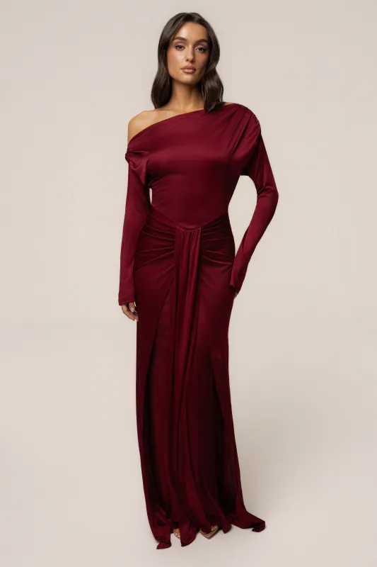 Burgundy Draped Perfection Maxi Dress made by JLUXLABEL