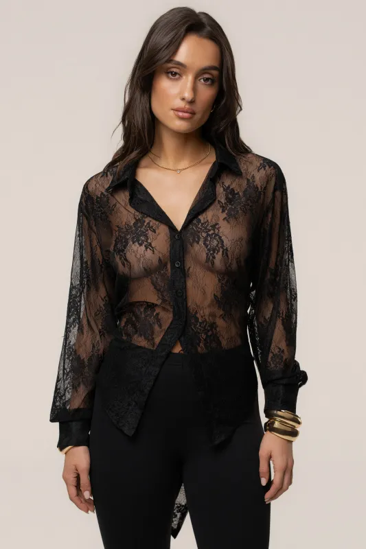 Black Tailored Lace Button Up Blouse made by JLUXLABEL