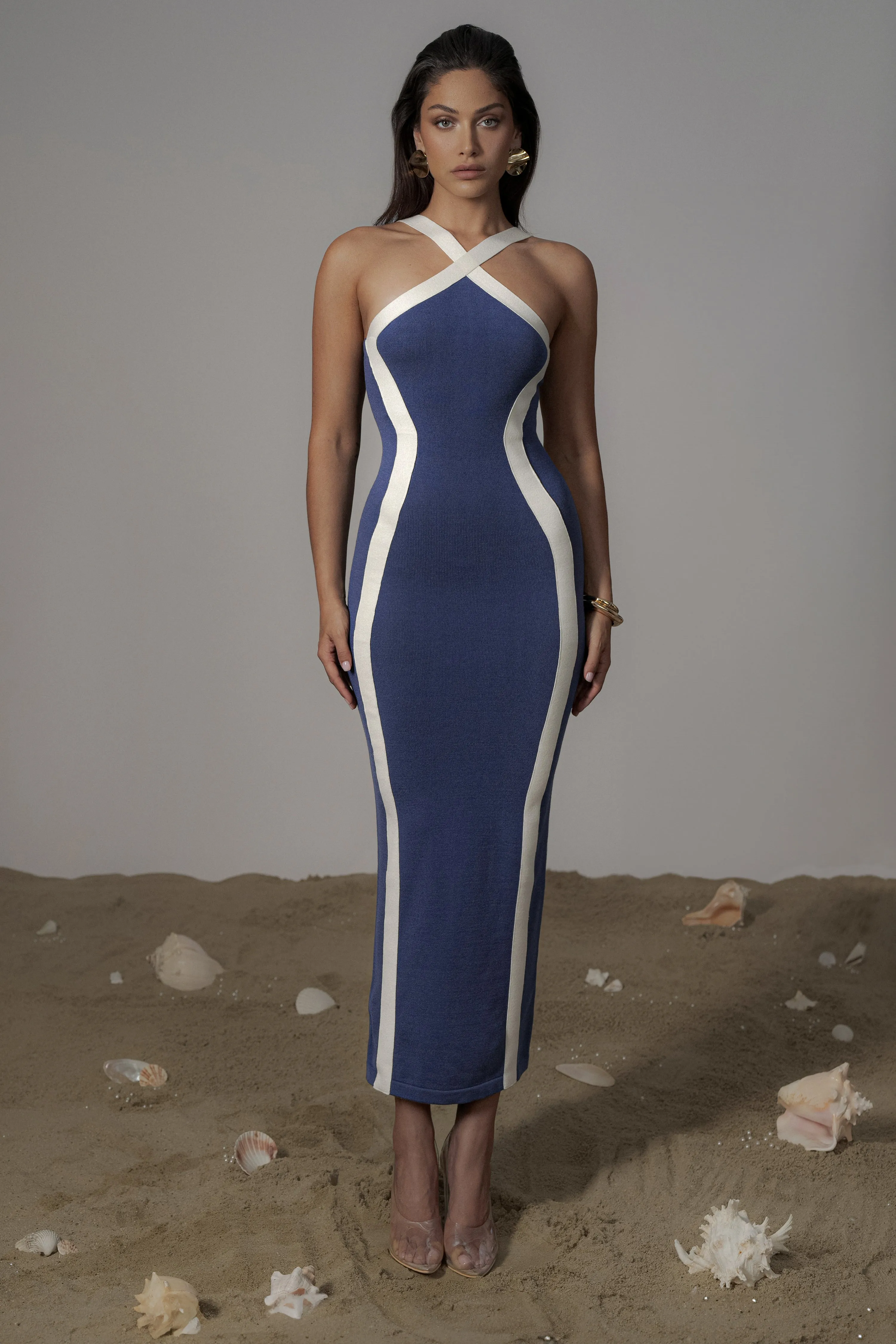Navy Fabiola Contrast Maxi Dress sold by JLUXLABEL