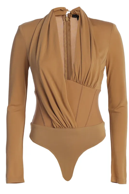 Tan Drape Corset Bodysuit made by JLUXLABEL