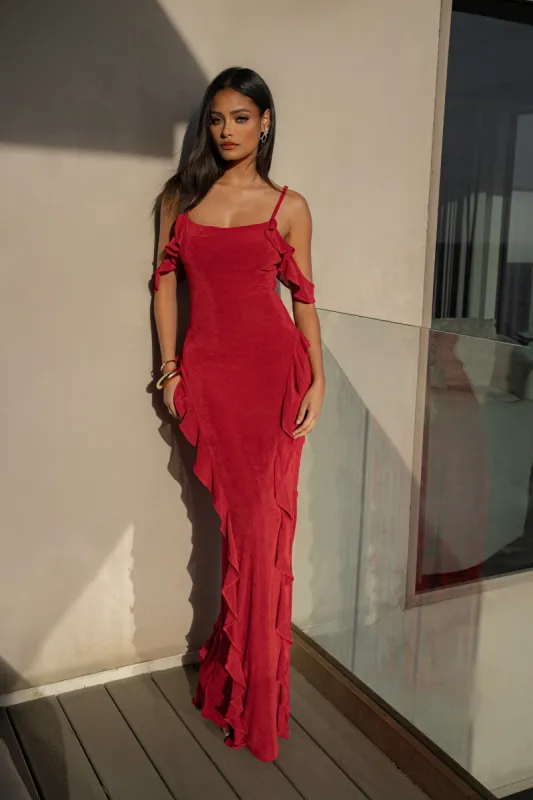 Red Maude Maxi Dress sold by JLUXLABEL