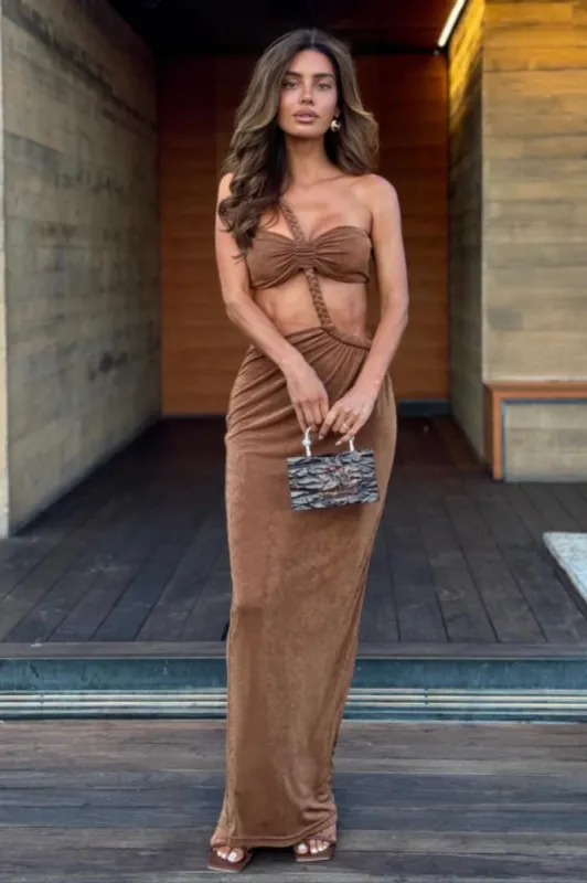 Bronze Ema One Shoulder Maxi Dress sold by JLUXLABEL