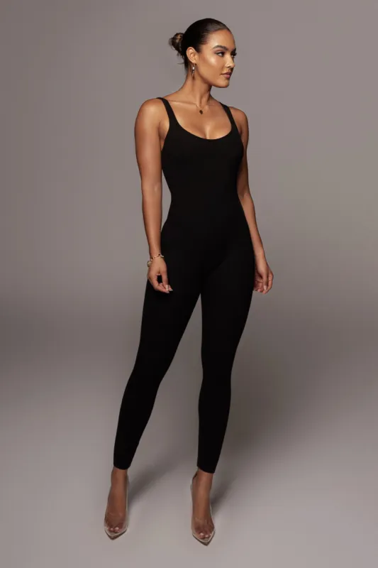 Black Aria Solid Rib Jumpsuit sold by JLUXLABEL