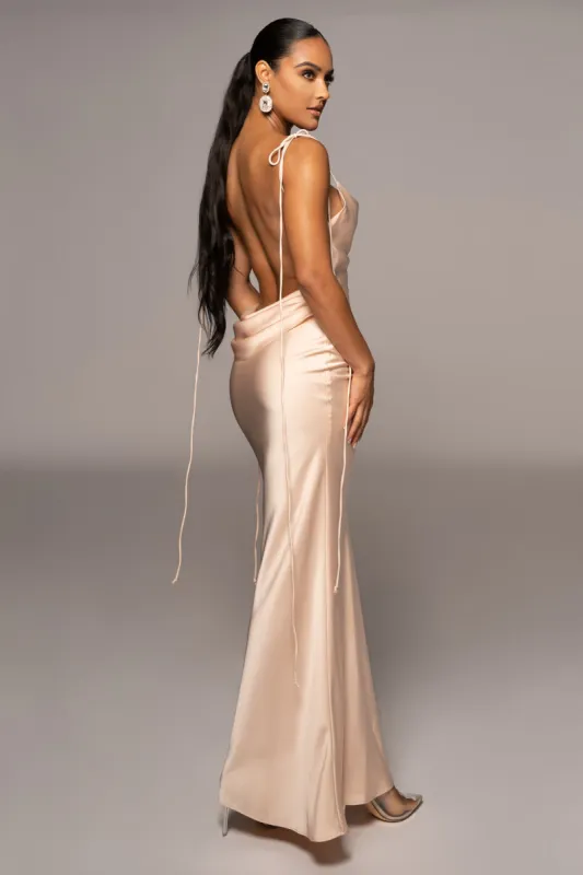 Champagne Irresistible Satin Maxi Dress sold by JLUXLABEL