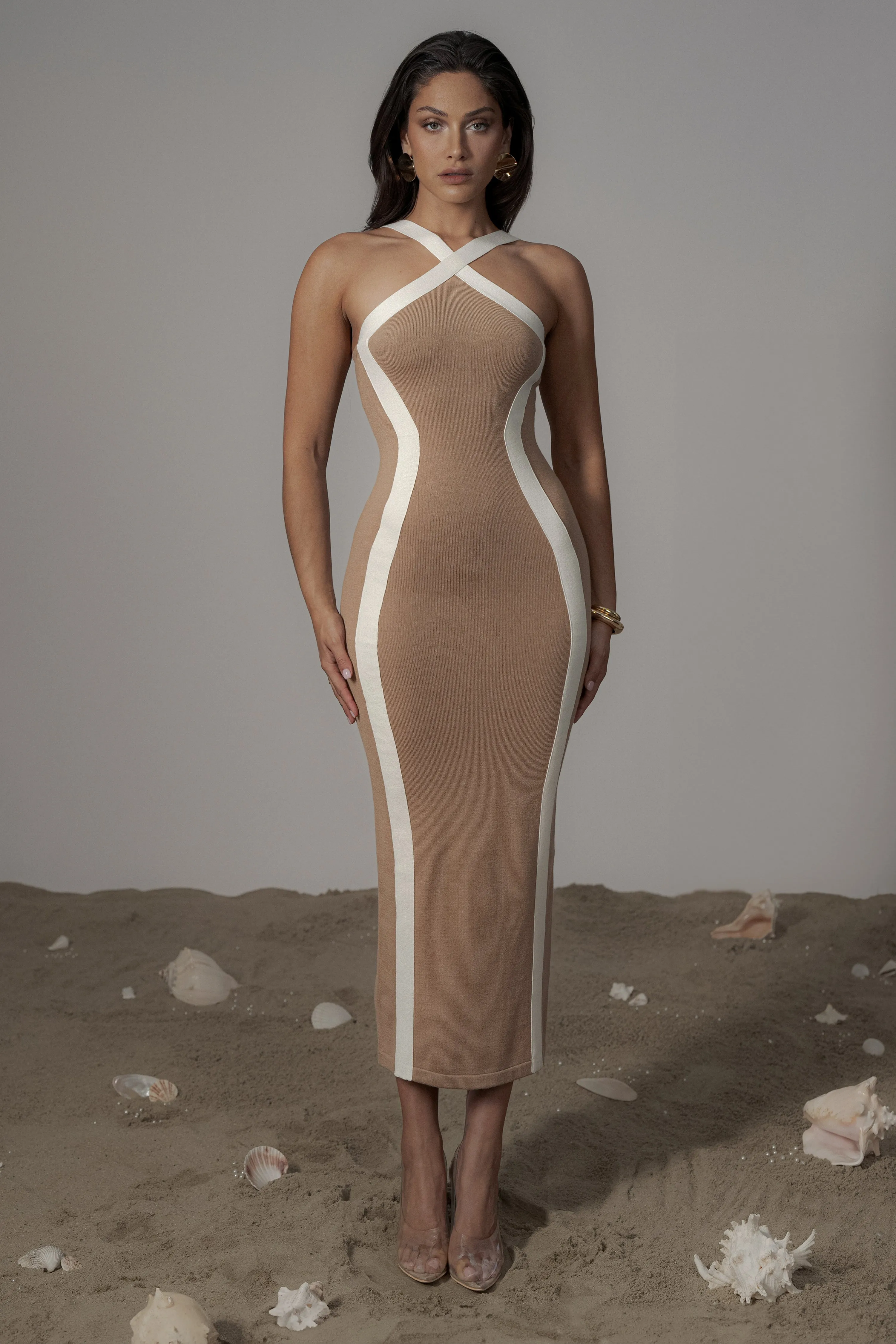 Beige Fabiola Contrast Maxi Dress sold by JLUXLABEL