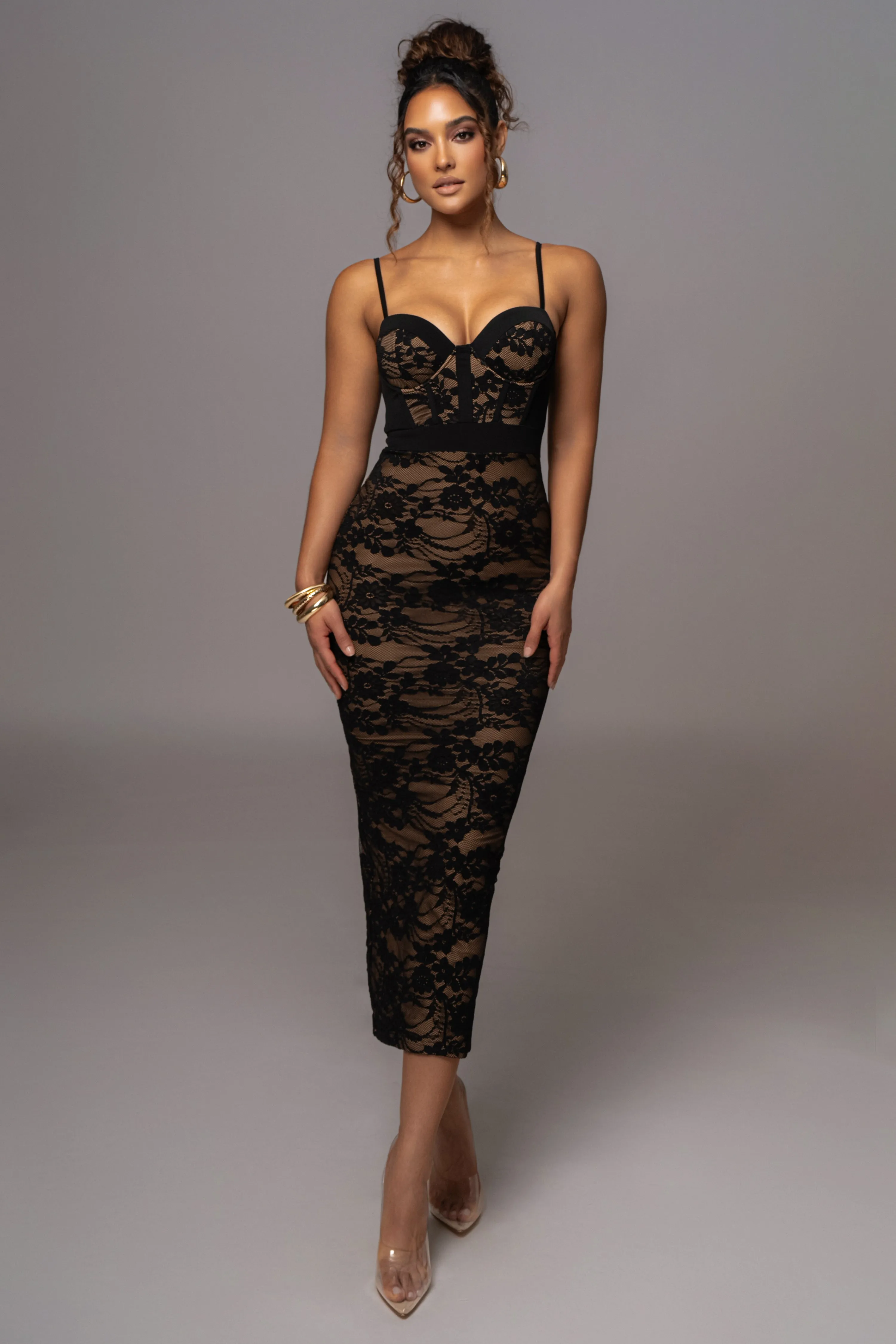 Black Mesh and Lace Bustier Midi Dress sold by JLUXLABEL