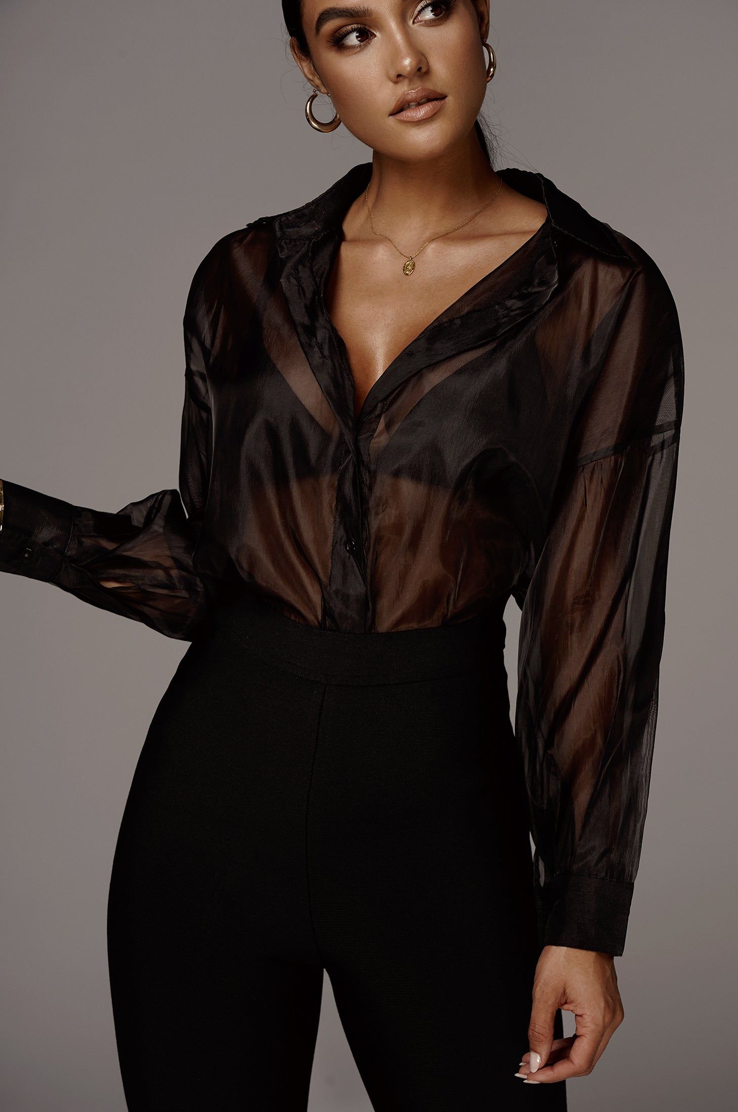 Black Blake Sheer Button Up sold by JLUXLABEL product image thumbnail 5