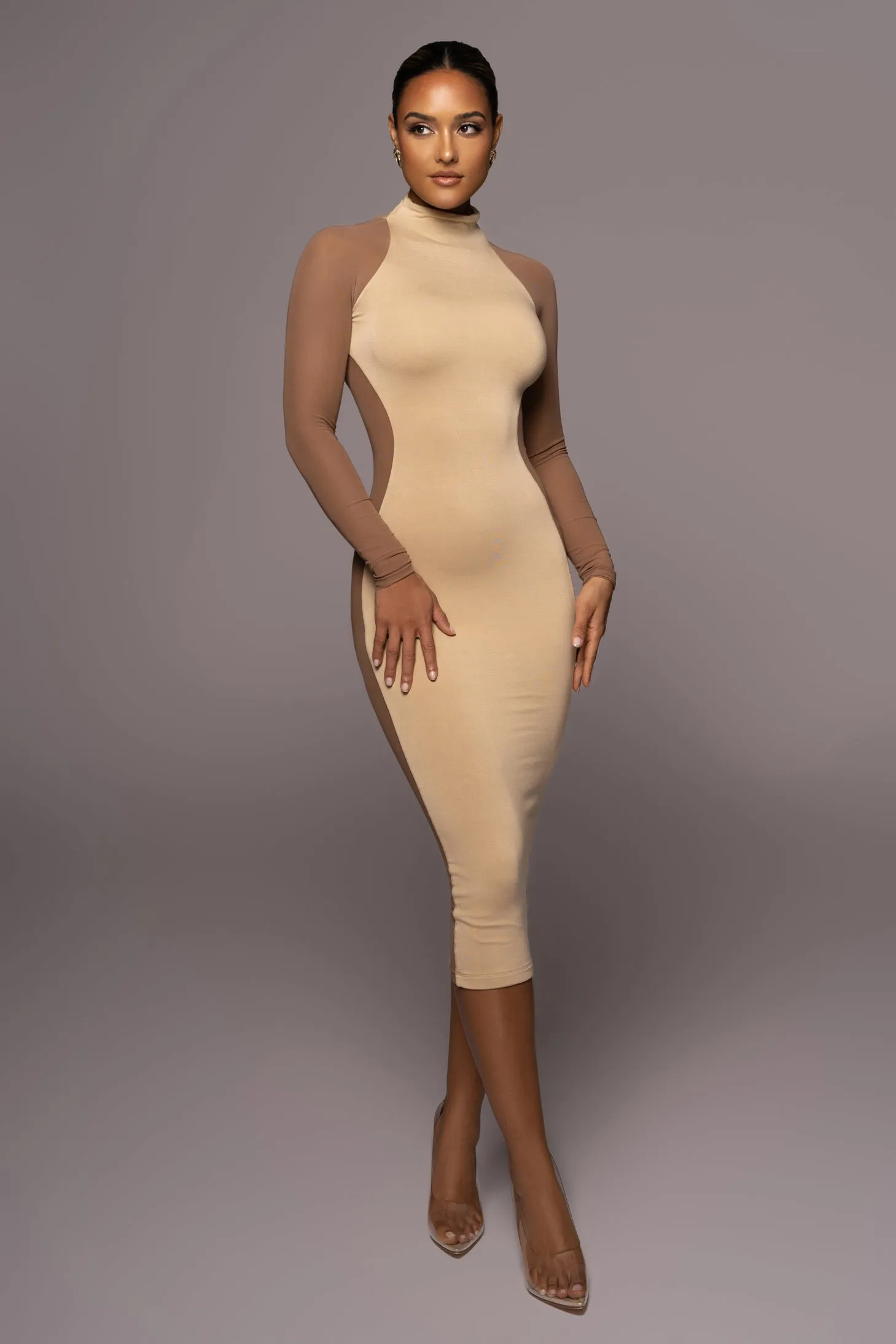 Tan Afterglow Midi Dress sold by JLUXLABEL