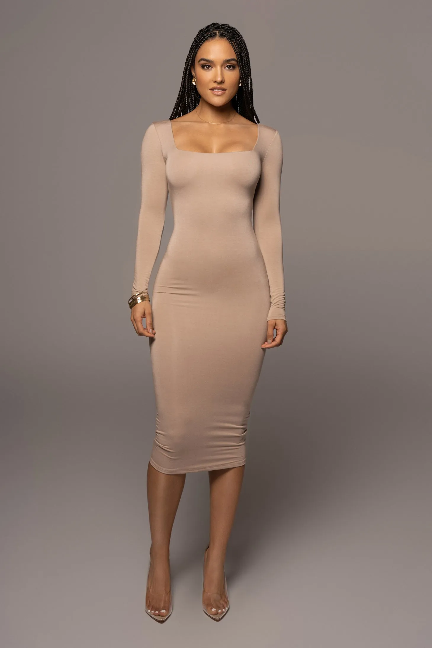 Sand Madelyn Midi Dress sold by JLUXLABEL