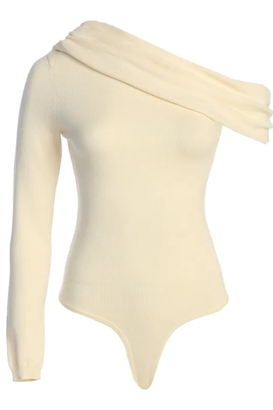 Ivory Zoie Knit One Shoulder Bodysuit sold by JLUXLABEL