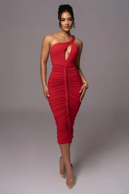Red Jess Ruched Midi Dress sold by JLUXLABEL