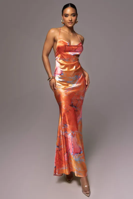 Orange Multi Tianna Satin Maxi Dress made by JLUXLABEL