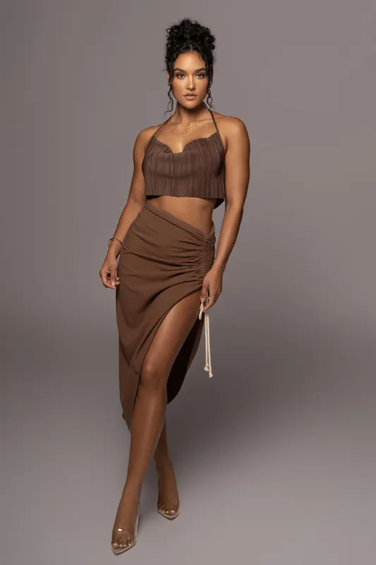 Chocolate Spring Ruched Linen Skirt sold by JLUXLABEL