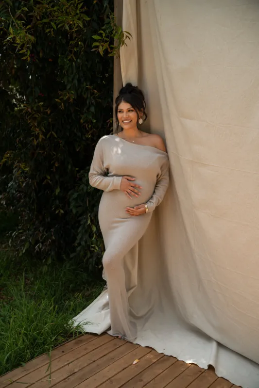 Beige Maddux Asymmetrical Maxi Dress sold by JLUXLABEL