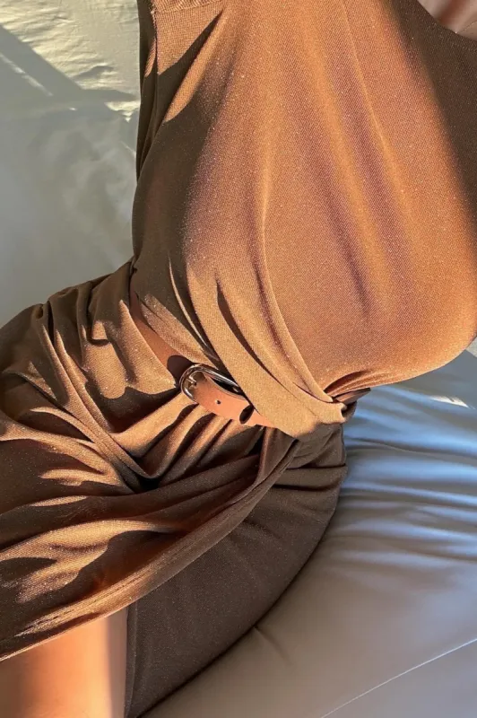 Tan Araceli Gathered Maxi Dress sold by JLUXLABEL