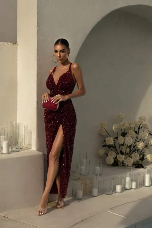 Burgundy On the Rise Sequin Midi Dress sold by JLUXLABEL