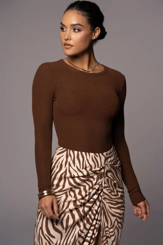 Chocolate Brittney Ribbed Long Sleeve Top sold by JLUXLABEL