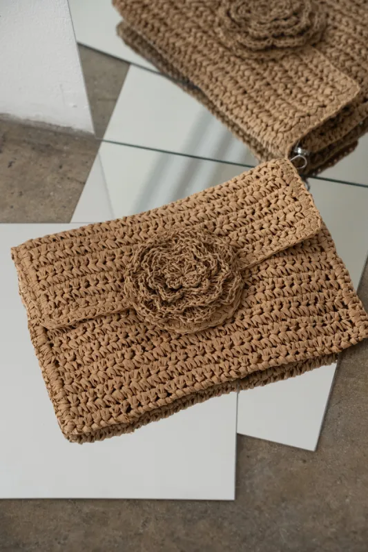 Khaki Woven Rose Clutch sold by JLUXLABEL