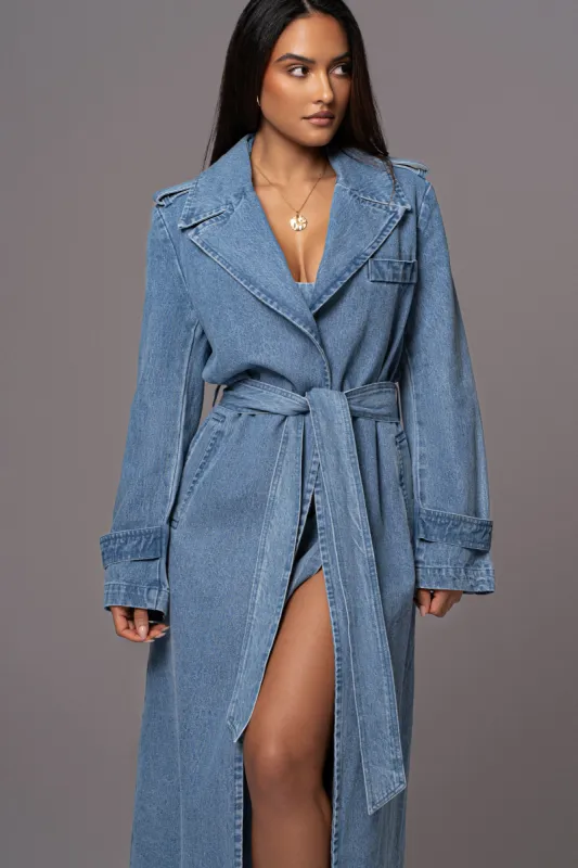 Medium Wash Savannah Belted Denim Coat sold by JLUXLABEL