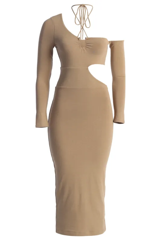 Beige Headlines Midi Dress sold by JLUXLABEL