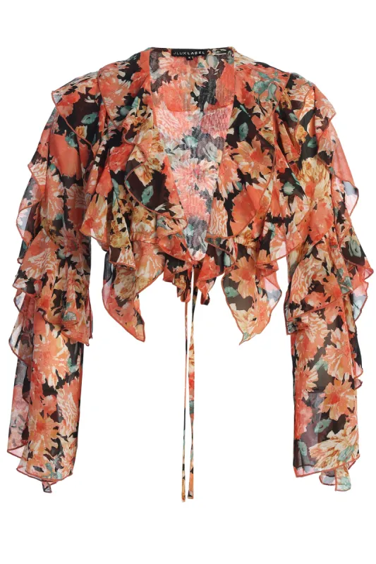 Black Floral Yvanna Ruffle Top sold by JLUXLABEL