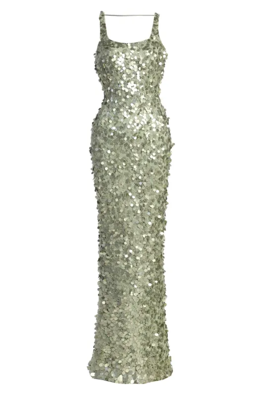 Sage Sparkling Moments Sequin Maxi Dress sold by JLUXLABEL