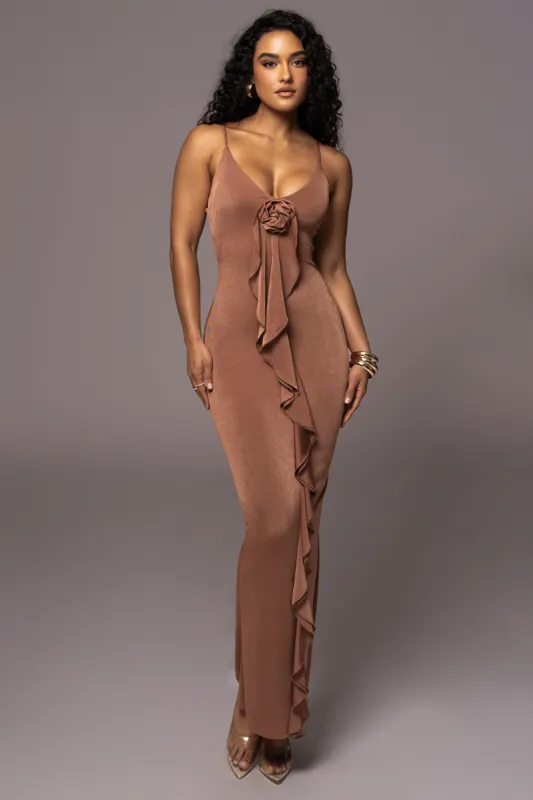 Tan Rosalinda Maxi Dress sold by JLUXLABEL